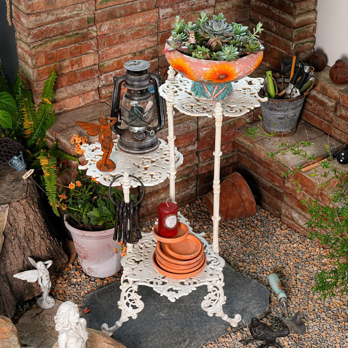 Sungmor Vintage Cast Iron 3-Tier Plant Stand, Elegant Butterfly & Floral Design with Antique White