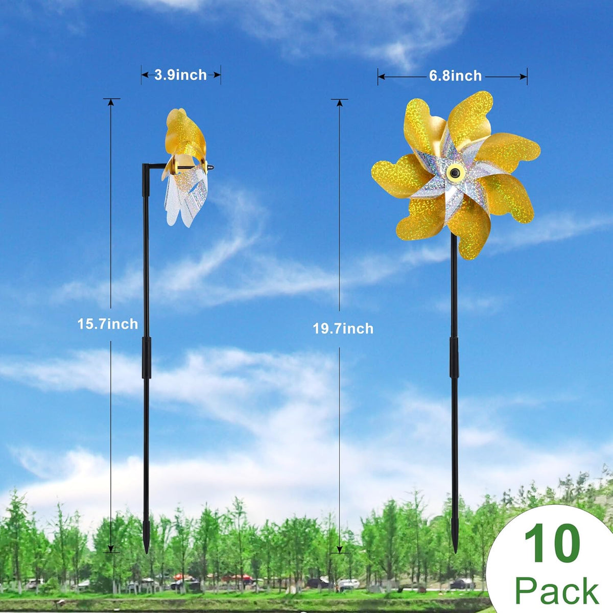 10 Pack Reflective Pinwheels with Stakes, 19.7 inch Gold & Silver Pre-Assembled Sparkle Pin Wheel