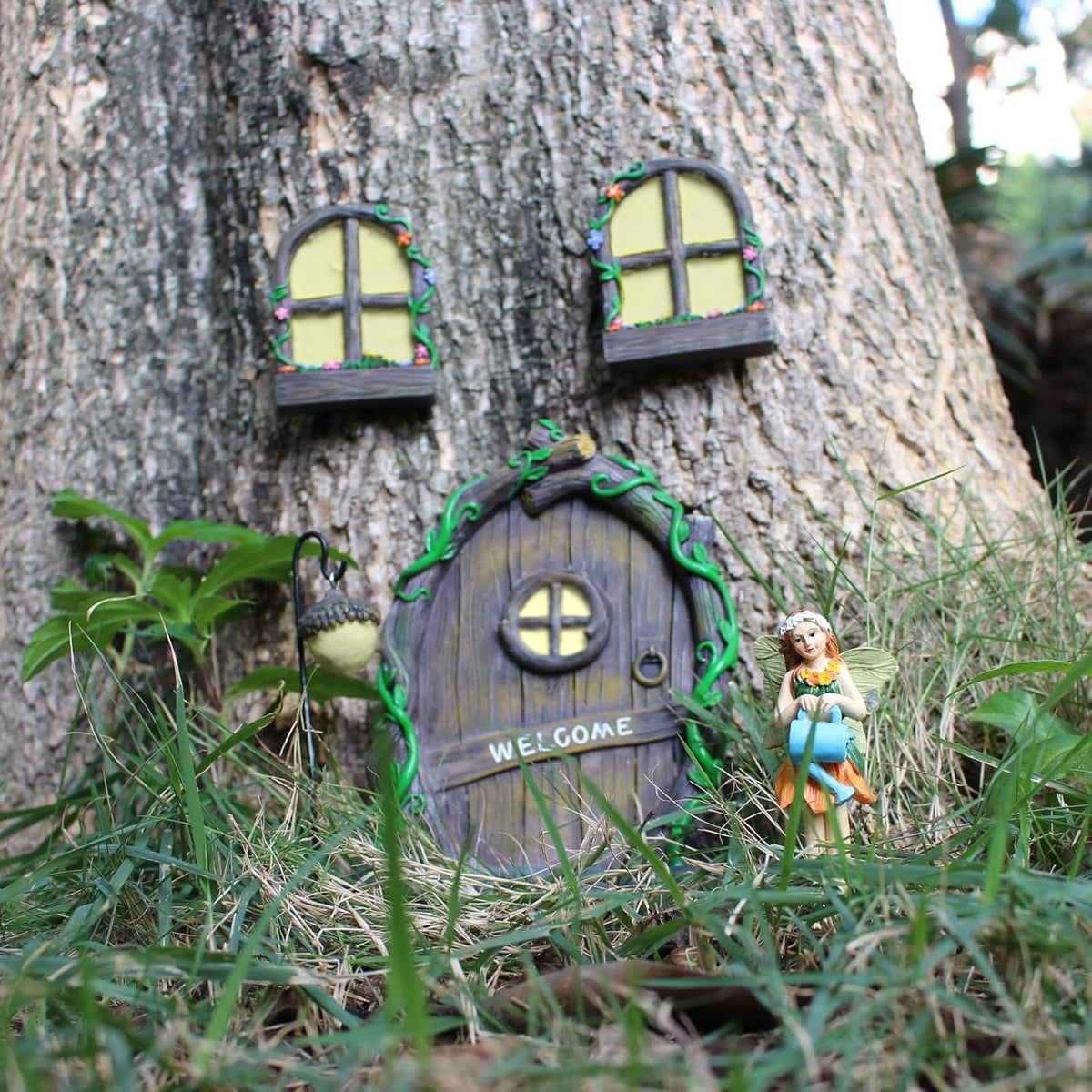Fairy Door and Windows Garden Kit Accessories Outdoor, Glow in Dark Gnome House for Tree, Lawn Yard