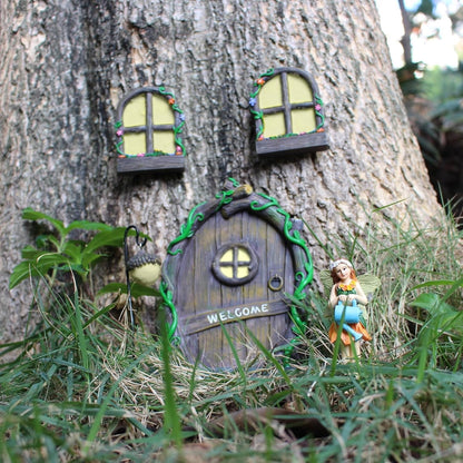 Fairy Door and Windows Garden Kit Accessories Outdoor, Glow in Dark Gnome House for Tree, Lawn Yard