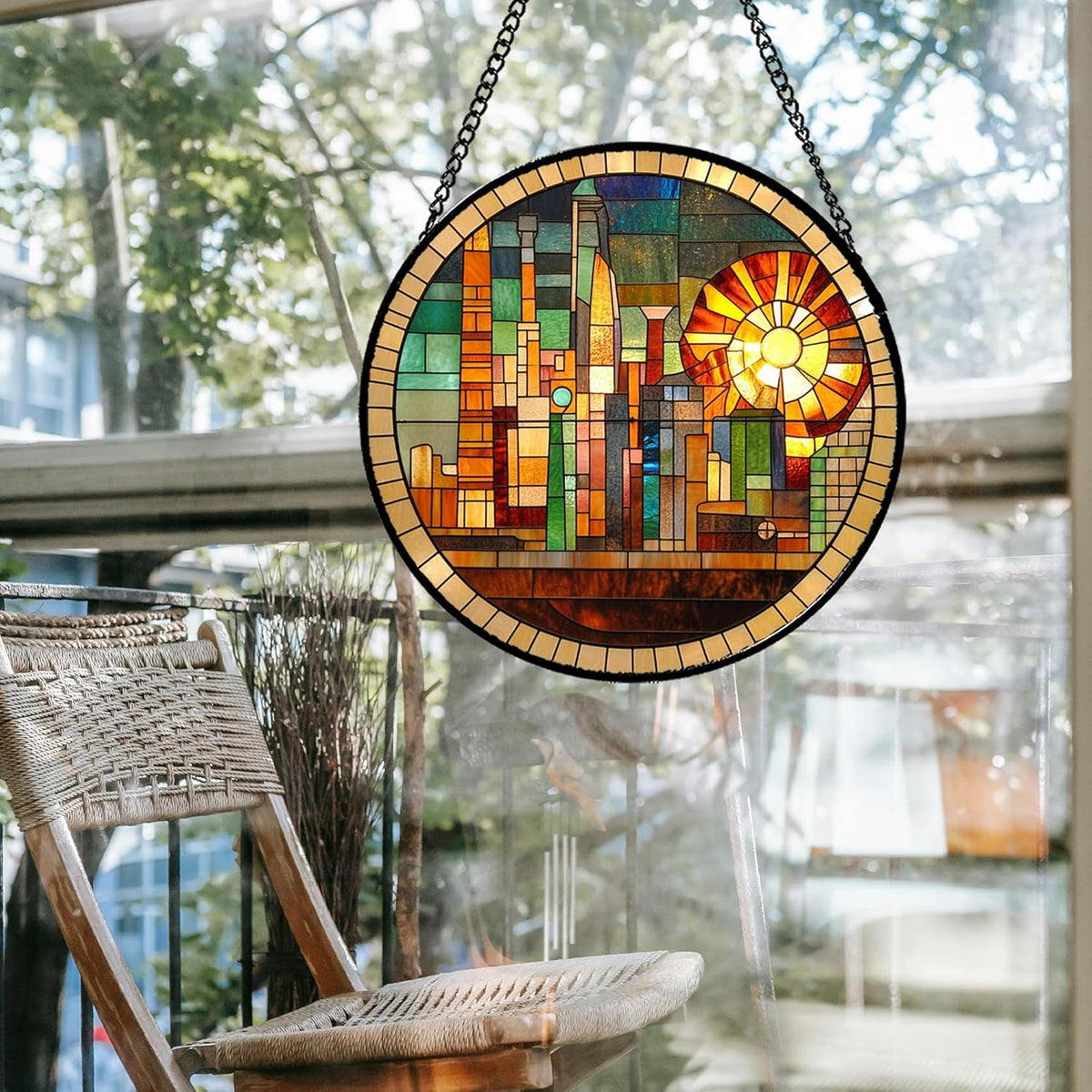 Stained Glass Window Hanging Colorful Cityscape Golden Sun Large 15" - Suncatcher Door Garden Sun