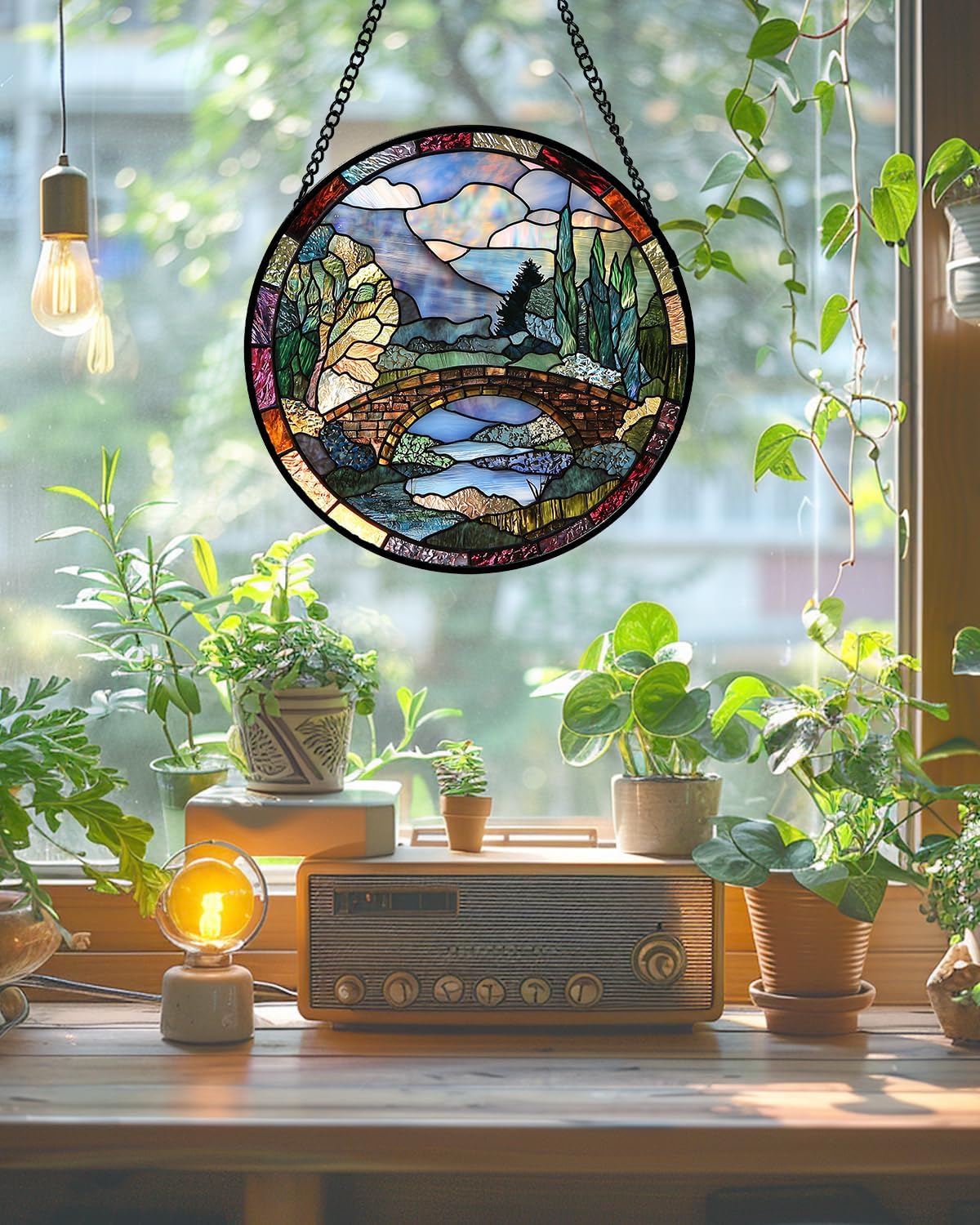 Stained Glass Window Hanging, Blue Landscape Arch Bridge Sun Catcher for Door Home Decor Suncatcher