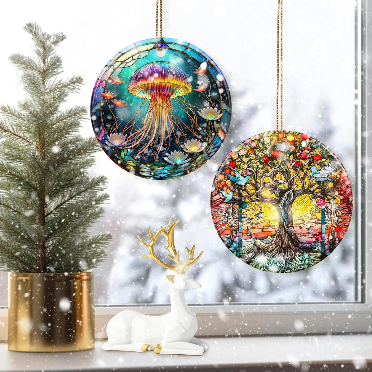 Colorful Ceramic Jellyfish Christmas Ornament, Jellyfish Ornaments for Christmas Tree, Holiday