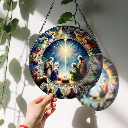 Stained Glass Window Hanging, LAOWEIKI 8'' Nativity Scene Suncatcher, Stained Glass Ornament