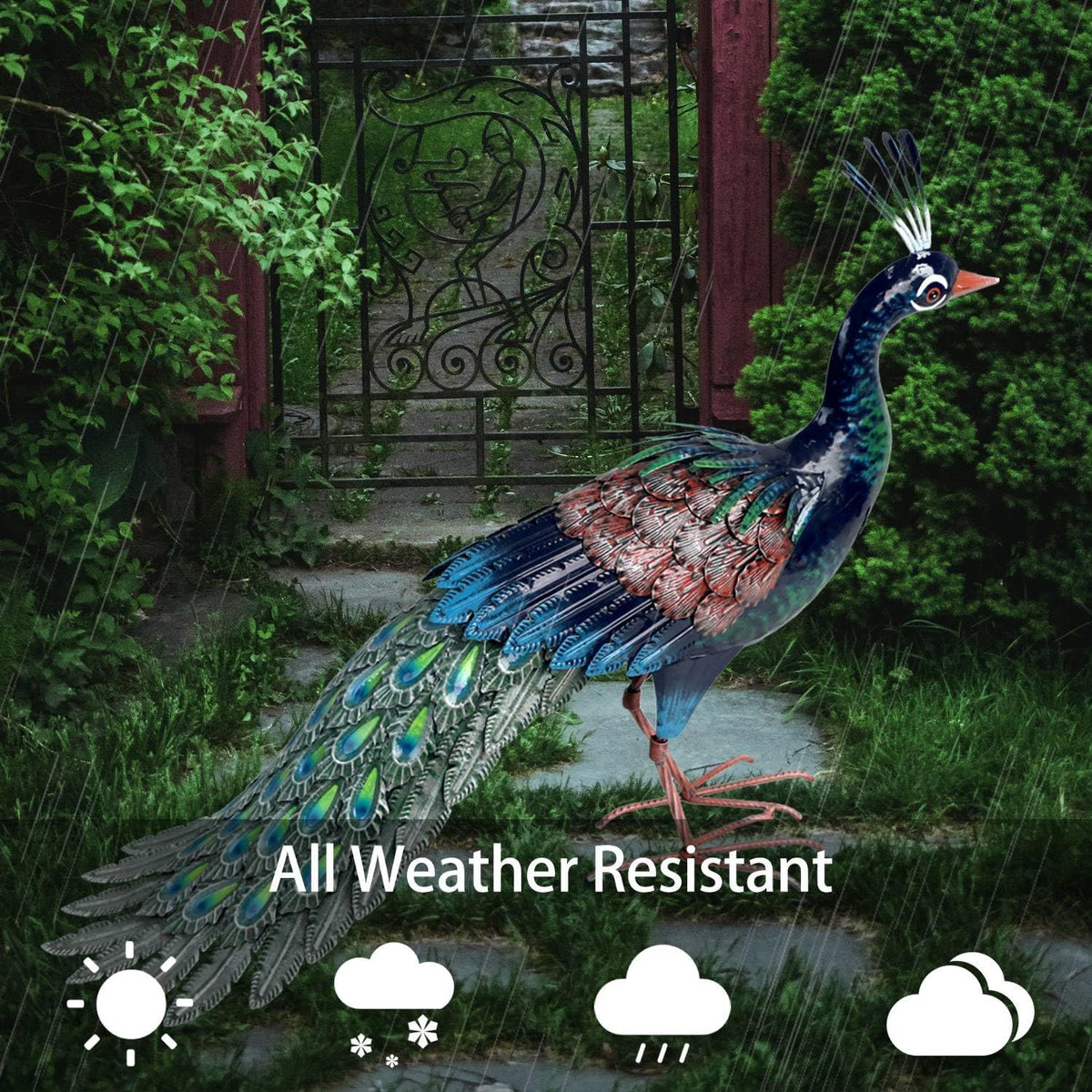 Kircust Metal Peacock Statue for Outdoor Decor - 24" L Elegant Peacock Sculpture for Garden, Patio