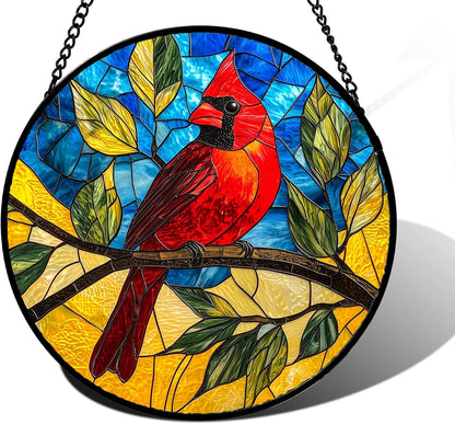 Stained Glass Window Hanging, Blue Sky Cardinal Sun Catchers Colorful Glass Panel Red Birds