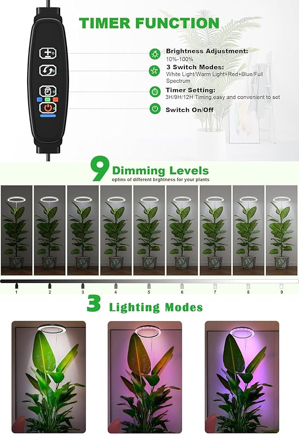10" Grow Lights for Large Indoor Plants, Full Spectrum Indoor Plant Light for Indoor Growing with
