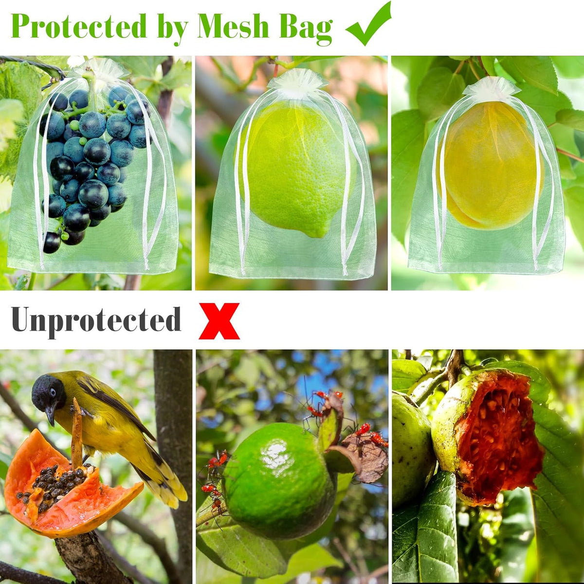 Morcheiong 60pcs Reusable Netting Mesh Bags - 6" x 8", Garden Fruit Protection with Drawstring