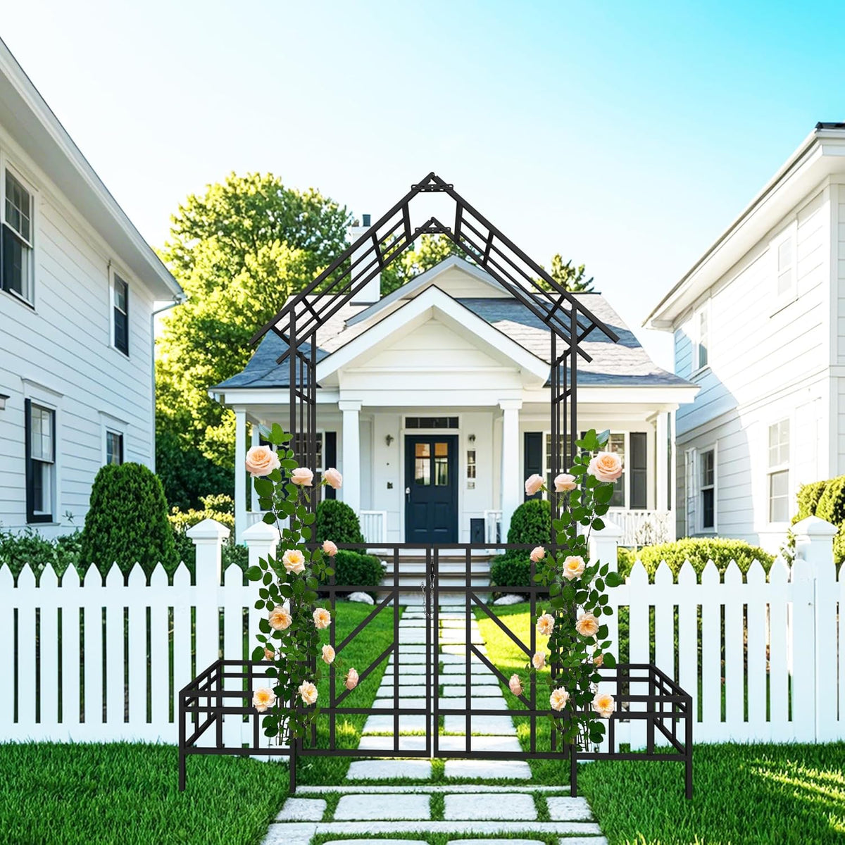 Metal Garden Arbor Arch with Gate and Plant Box, 97“ H Garden Trellis Wedding Arch Party Decoration