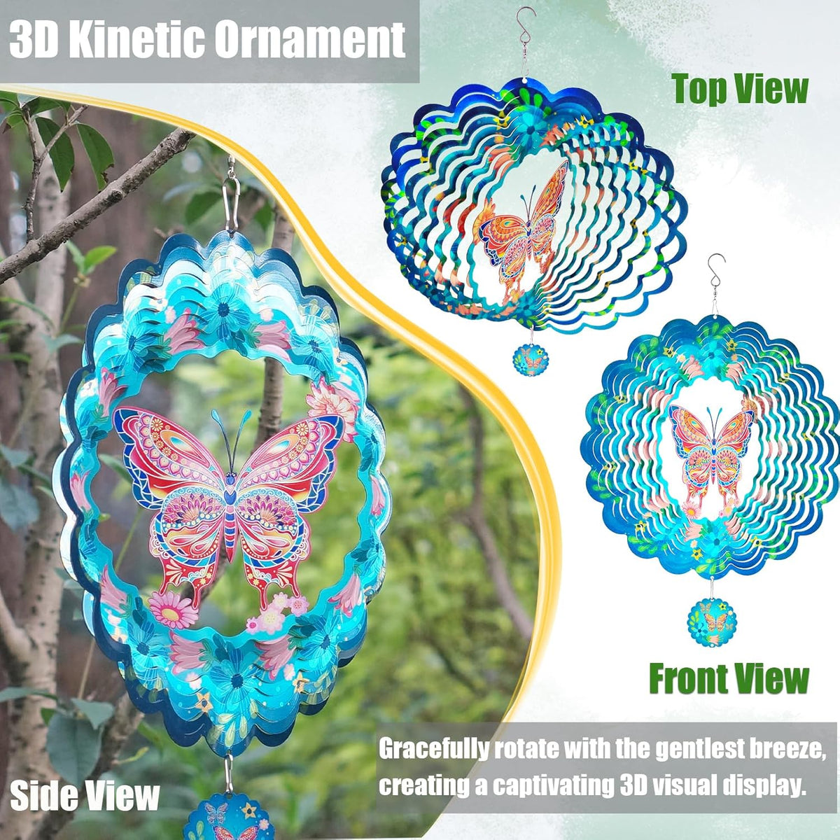 Butterfly Wind Spinners for Yard and Garden,12 Inch 3D Stainless Steel Hanging Kinetic Yard Art