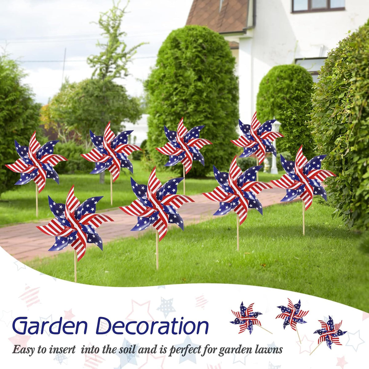 HOOSUN 12Pcs American Flag Patriotic Pinwheels for Yard and Garden,Red White and Blue Pinwheels
