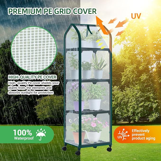 Ohuhu Mini Greenhouse for Indoor Outdoor, Small Plastic Plant Green House with Locking Wheels