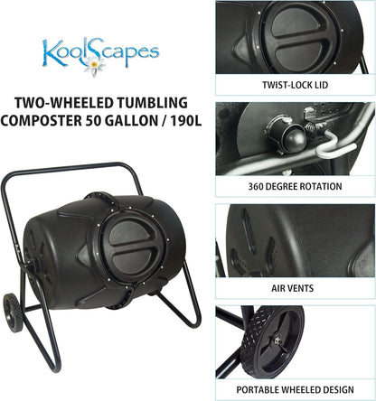 Koolscapes Wheeled Tumbling Composter – 50-Gallon Portable Eco-Friendly Rotating Bin BPA-Free