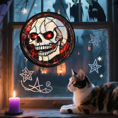Stained Glass Window Hanging - Halloween Decorations White Skeleton Suncatcher for Doors Garden