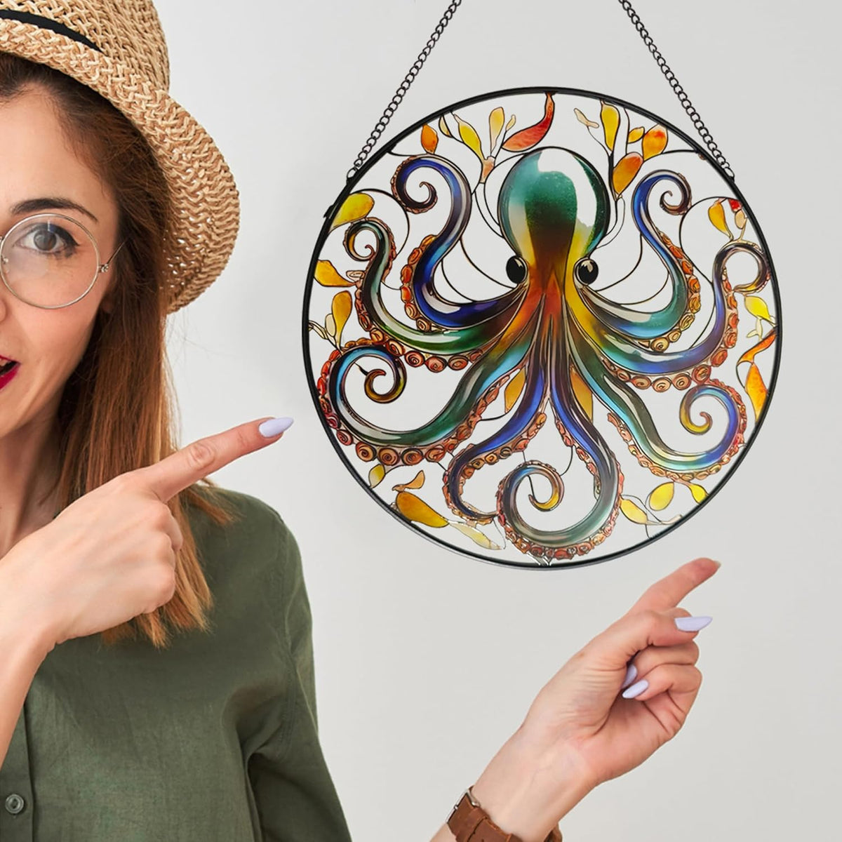 Octopus Stained Glass Window Hanging, 9.8’’ Sun Catcher Glass Panel Ocean Theme Wall Art Decor with