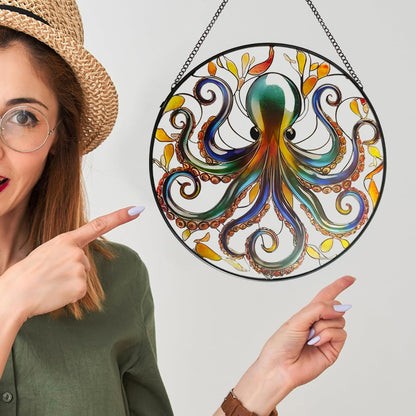 Octopus Stained Glass Window Hanging, 9.8’’ Sun Catcher Glass Panel Ocean Theme Wall Art Decor with