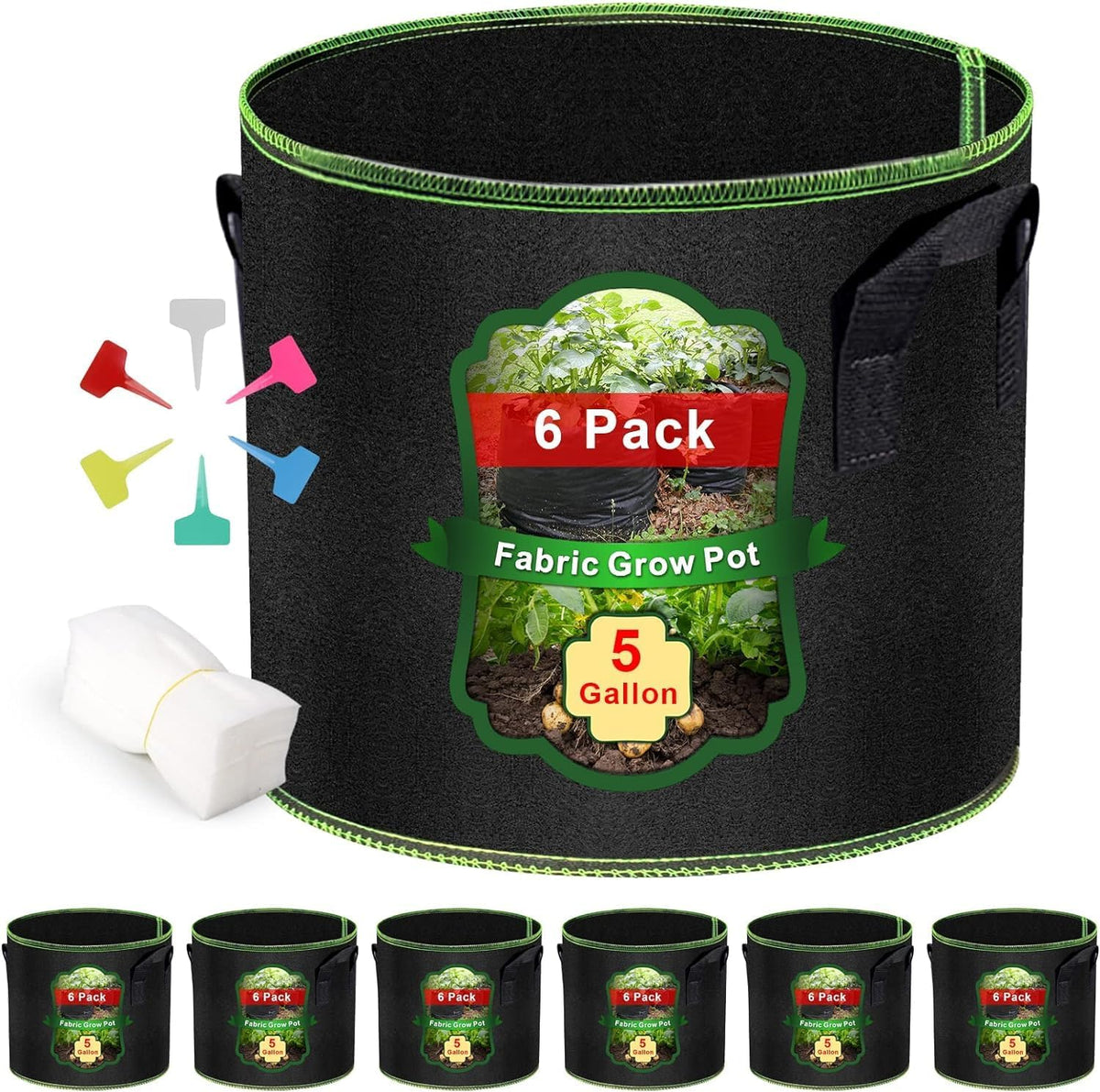 Grow Bags of 6-Pack 5Gallon, Garden Planter Bags with Handles, Thickened Nonwoven Fabric Aeration