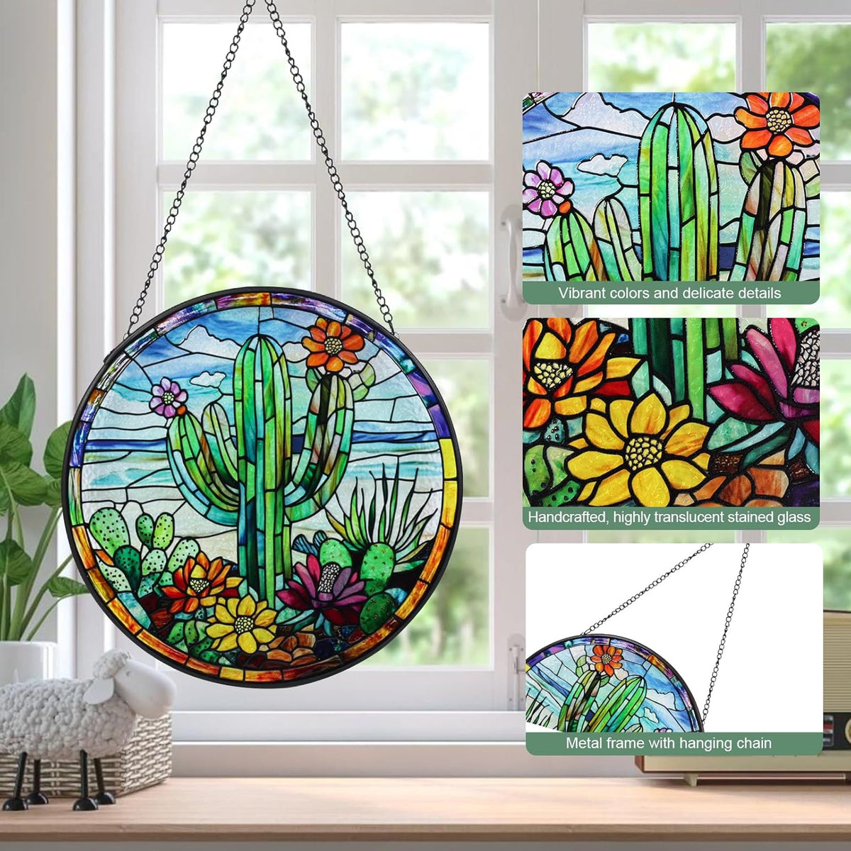 Cactus Handmade Stained Glass Window Hanging Suncatcher with Chain - 7.9" Outdoor/Indoor Art Decor