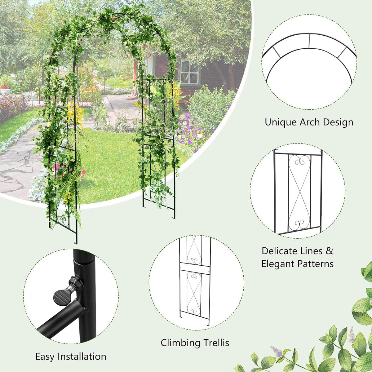 Moccha Garden Arch, 7.2Ft Metal Arbor for Climbing Plants, Vines, Roses, Outdoor Pergola Trellis