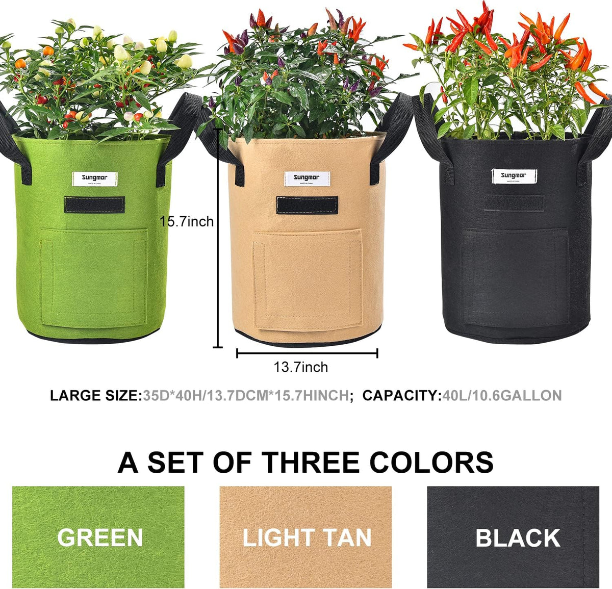 Sungmor 3PC Large Fabric Pots, Grow Bags for Plants 10 Gallon Patio Garden Bags Cloth Pots, Heavy