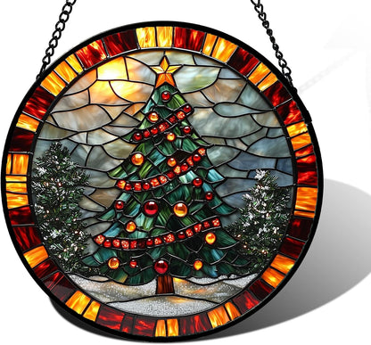 Stained Glass Window Hanging - Winter Christmas Tree Suncatcher Ready to Hang Window Doors Home