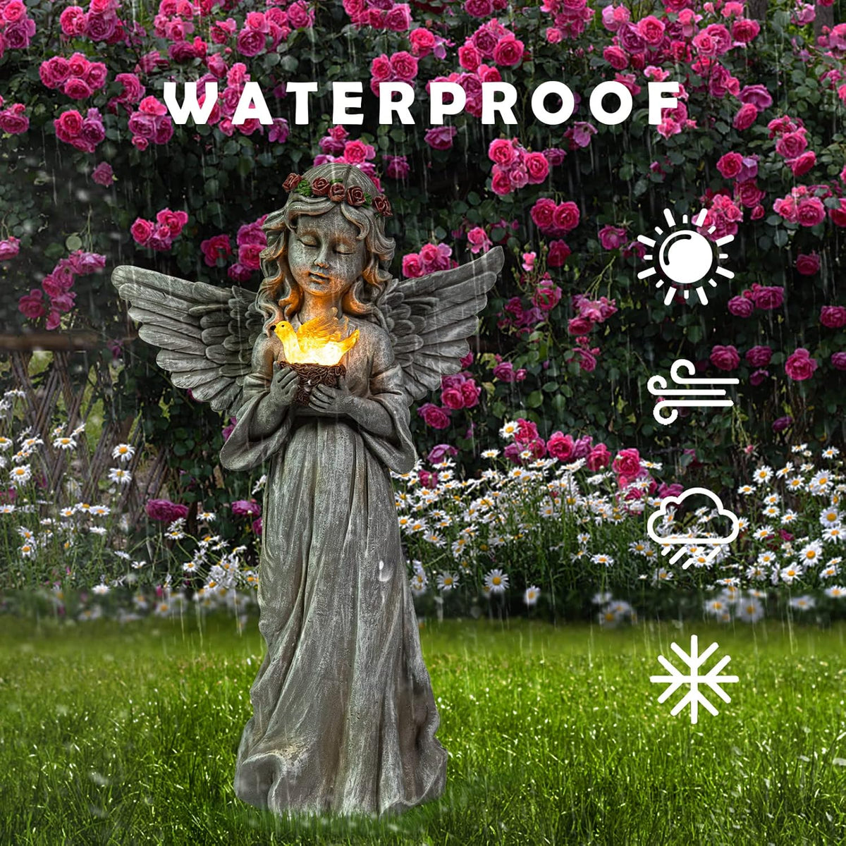 Angel Garden Statue Outdoor Decor, Angel Garden Figurine Hold Dove with Solar Lights Waterproof