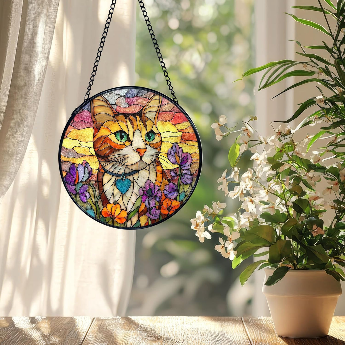 Cat Flower Suncatcher Stained Glass Window Hanging, Orange Cat Sun Catchers Indoor Window Glass