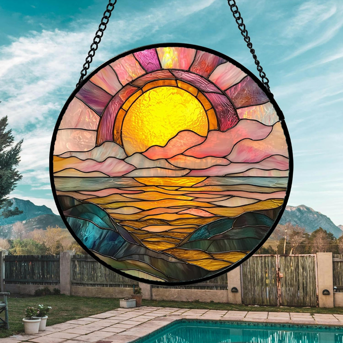 Stained Glass Window Hanging, Sunrise Over The Sea Suncatcher Diamond Glass Panel Hangings Abstract