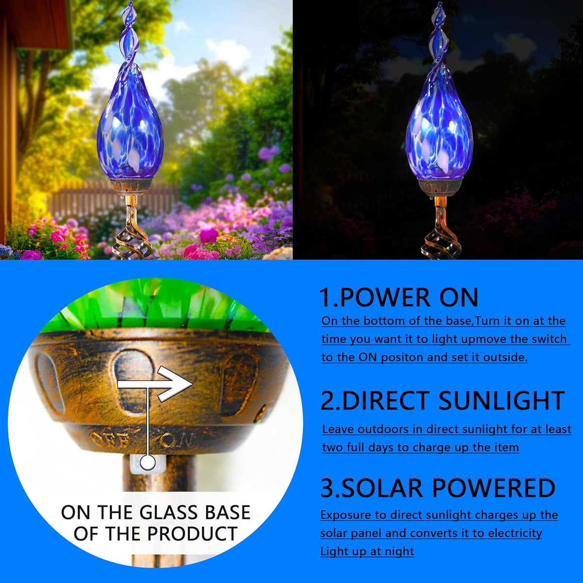 Solar Garden Lights Outdoor, Decorative LED Flame Garden Stakes, Hand Blown Glass and Outdoor