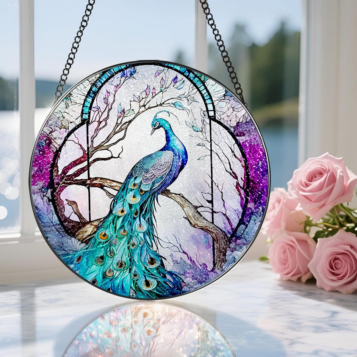 Stained Glass Window Hanging, Stained Glass Suncatcher, Peacock Sun Catcher, Window Decor, Peacock