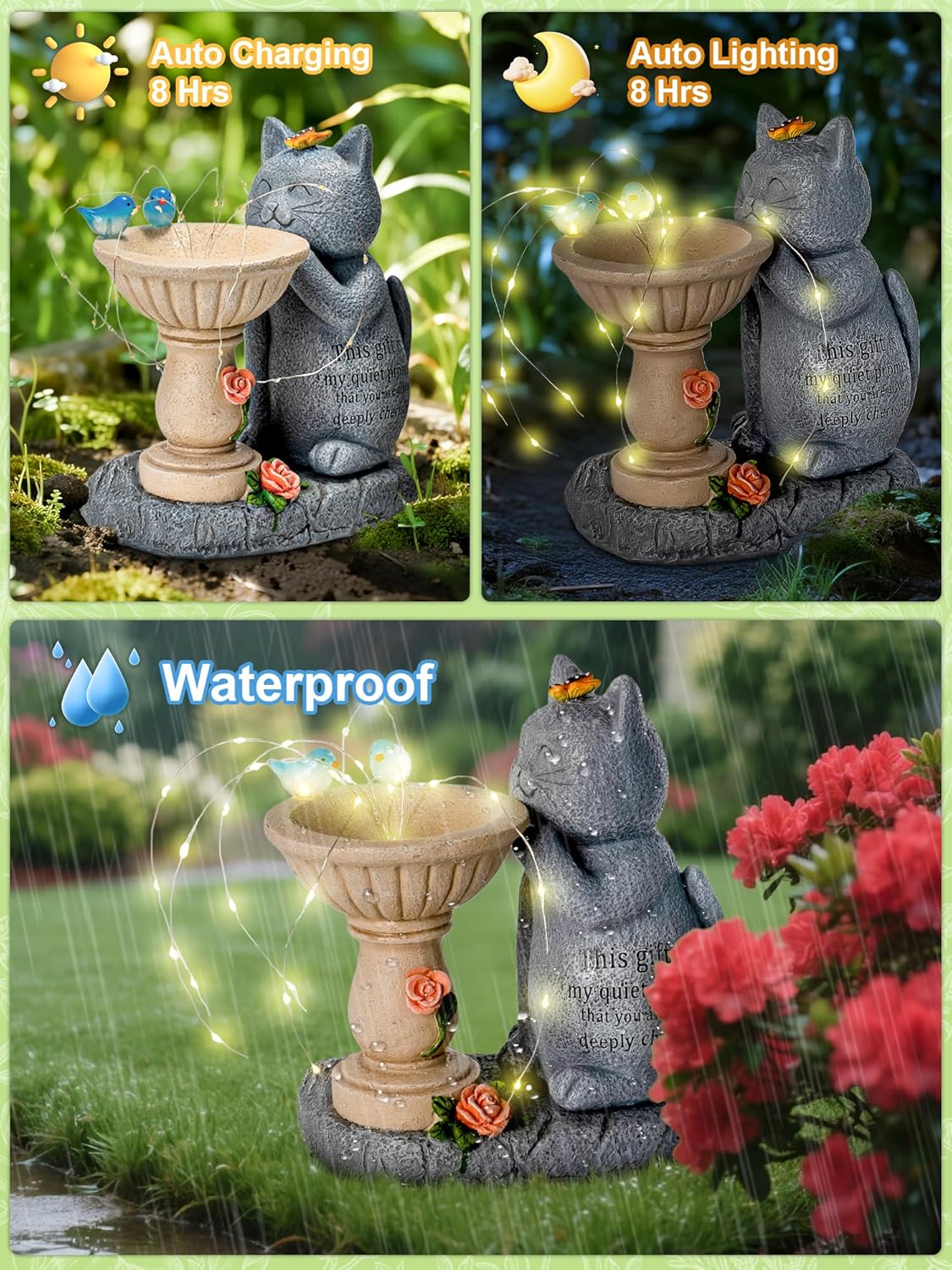 Garden Decor Cat Birdbath Statues, Solar Statues Decor with Butterfly Garden Decor for Home House