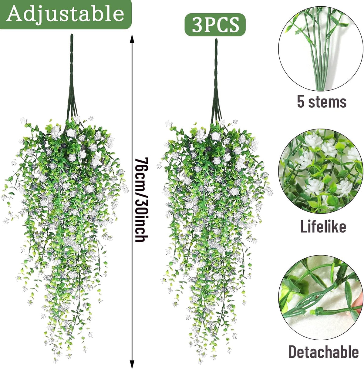 Artificial Hanging Flowers, 3 Pcs Fake Hanging Plants Artificial Vines for Outdoors, Fake Ivy Vine