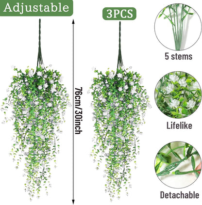 Artificial Hanging Flowers, 3 Pcs Fake Hanging Plants Artificial Vines for Outdoors, Fake Ivy Vine