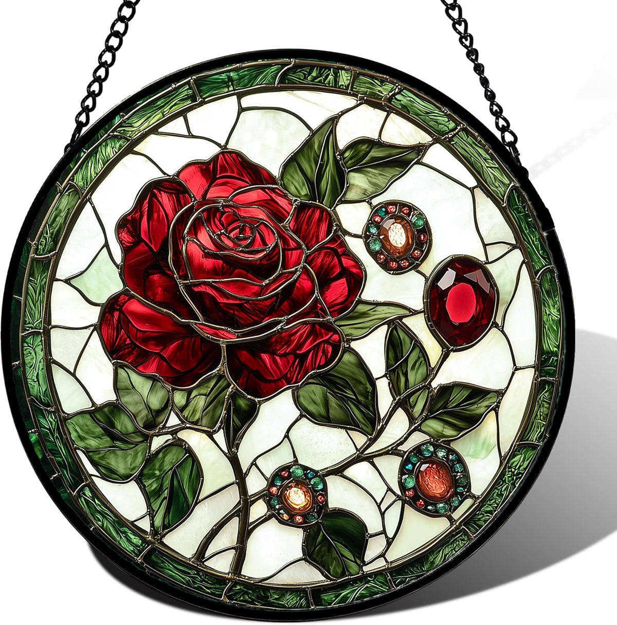 Stained Glass Window Hanging, Red Rose Gemstone Green Sun Catchers Diamond Glass Panel Hangings