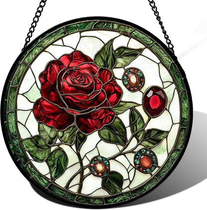 Stained Glass Window Hanging, Red Rose Gemstone Green Sun Catchers Diamond Glass Panel Hangings