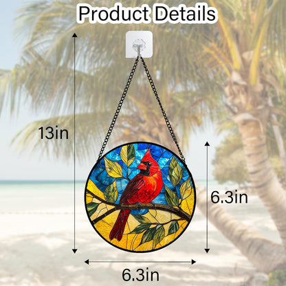 Stained Glass Window Hanging, Blue Sky Cardinal Sun Catchers Colorful Glass Panel Red Birds