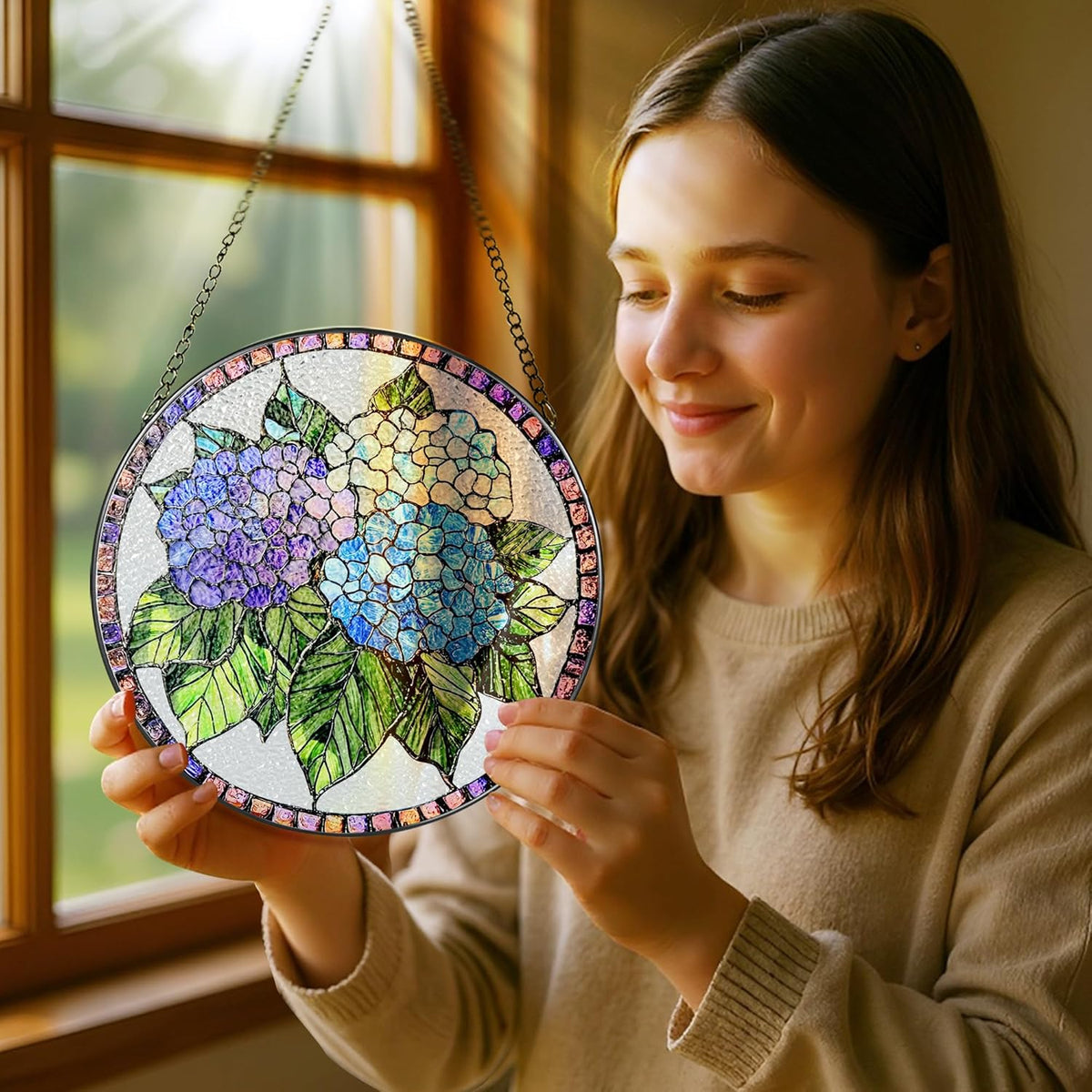 8-Inch Stained Glass Ornament, Stained Glass Window Hanging, Window Hanging Decor Suncatcher, Blue