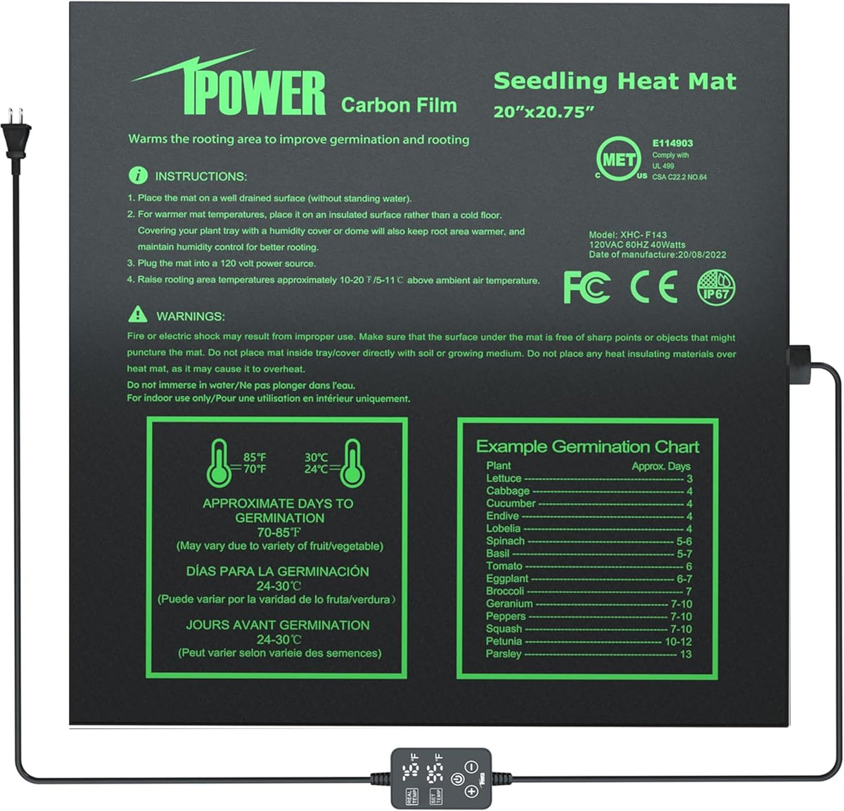 iPower 20"x20.75" Seedling Heat Mat with Built-in Temperature Controller, MET Certified Waterproof