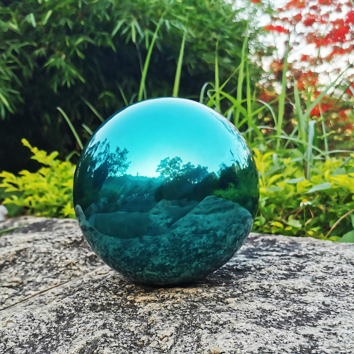 Cyan Blue Gazing Globe Mirror Ball in Stainless Steel, Shiny Hollow Sphere Sparkling Housewarming