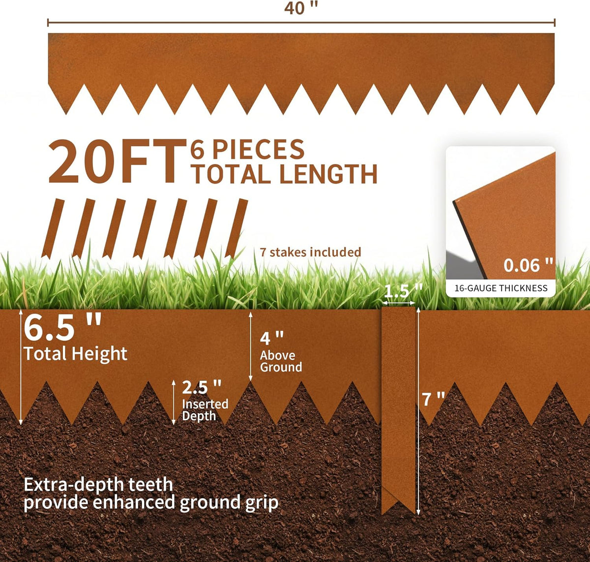 Worth Garden 20ft. Galvanized Steel Landscape Edging - 6-Pack 6.5" x 40" Metal Edging for