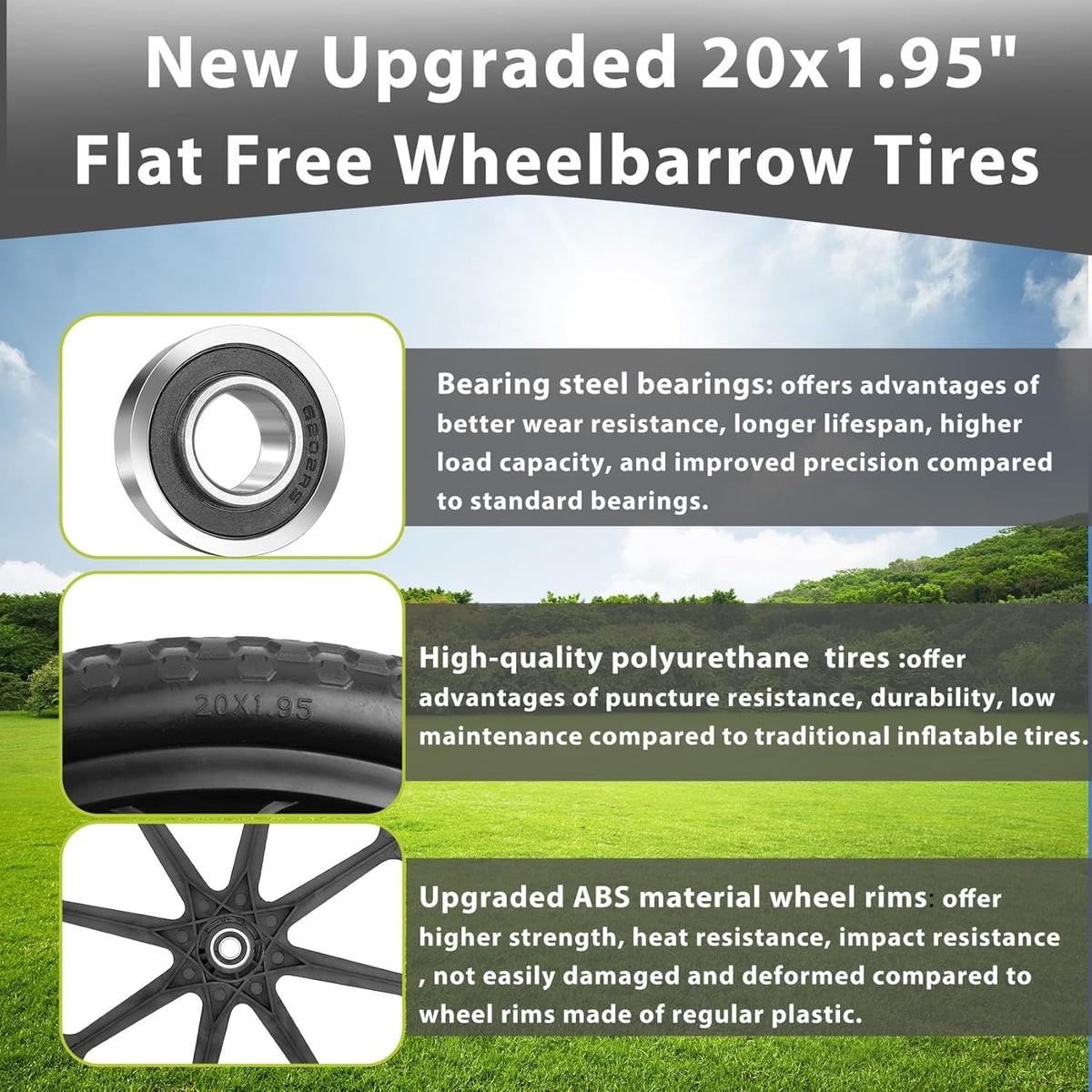 Upgraded 20" Flat Free Wheels Compatible with rubbermaid Wheelbarrow Tires, 20" Flat Free Tires