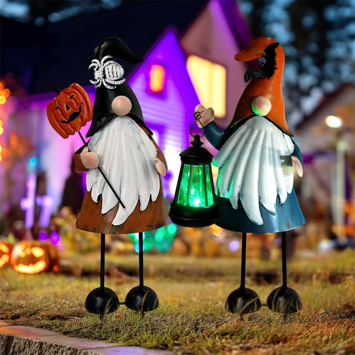 HONGLAND Halloween Decorations Outdoor Solar Gnomes with LED Lantern, Gnomes Metal Yard Art