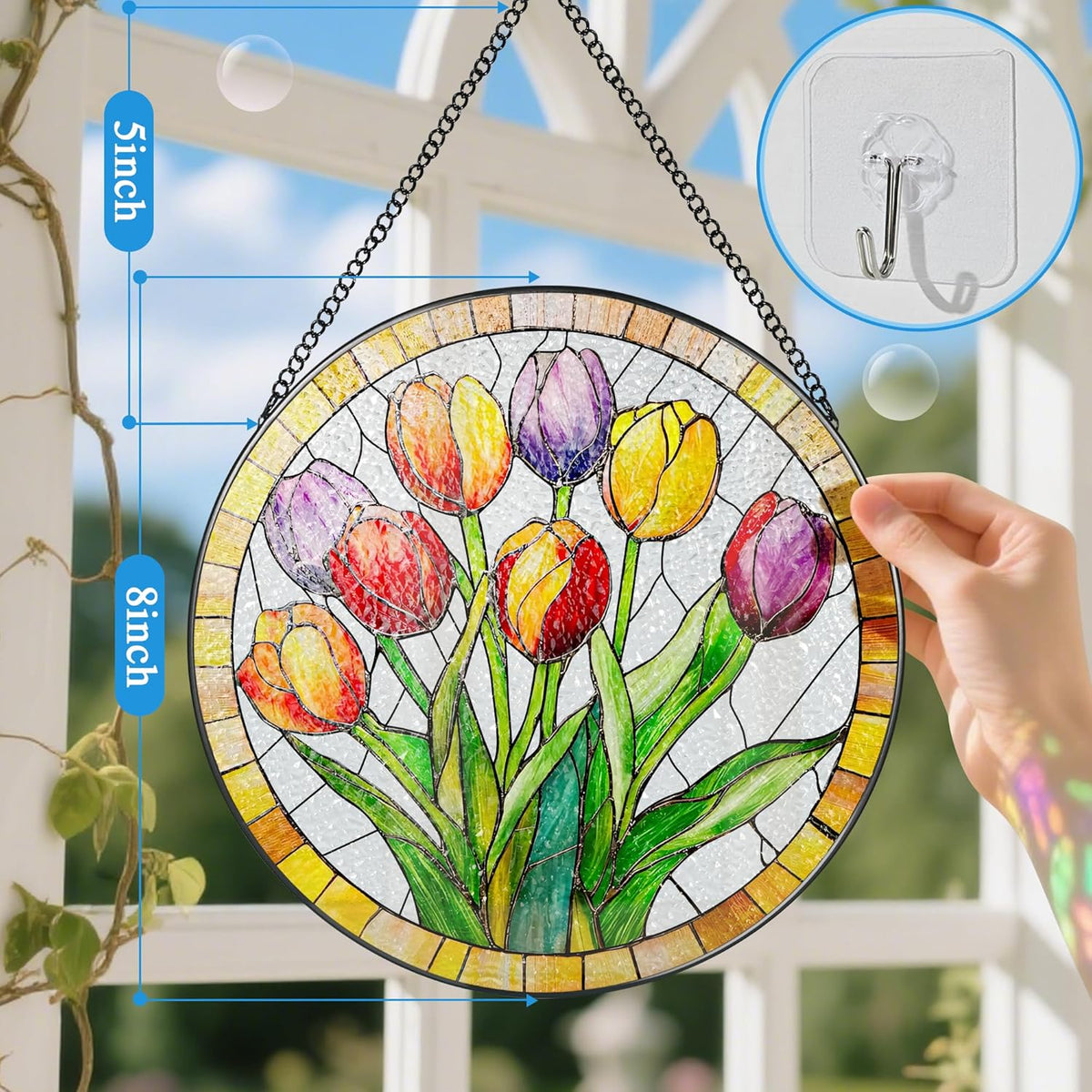 Stained Glass Window Hanging, 8 Inch Tulips Stained Glass Suncatcher, Botanical Lover Gift, Flowers