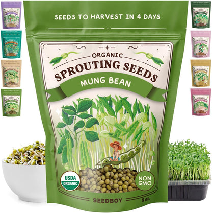 Seedboy Organic Non-GMO Mung Bean Seeds for Sprouting - Microgreens Sprouting Seeds - 8 oz Bag