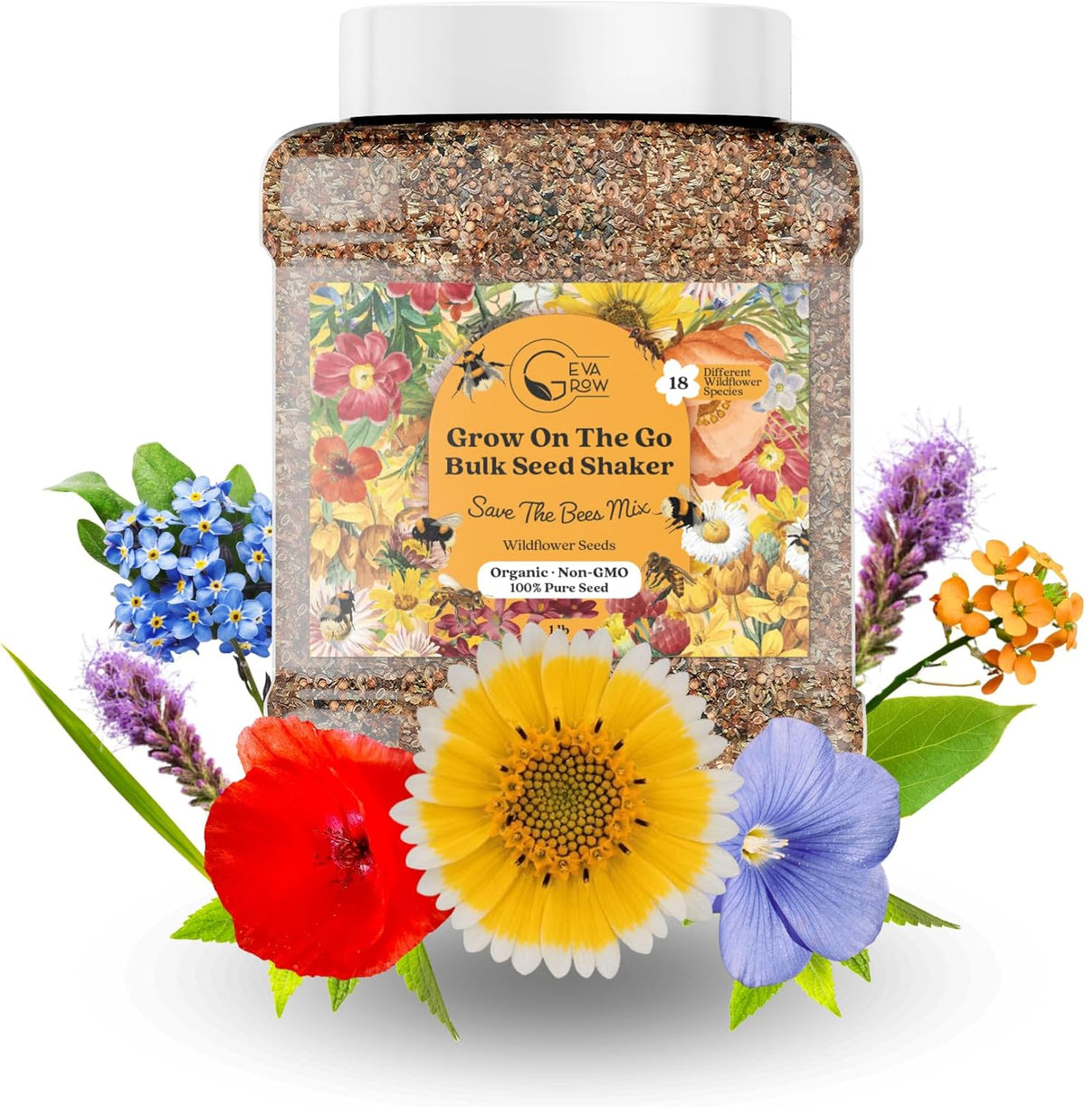 Wildflower Seed Mix 1LB Tub - Save The Bees Seed Mix, by GevaGrow | Bulk 300,000+ Seeds |