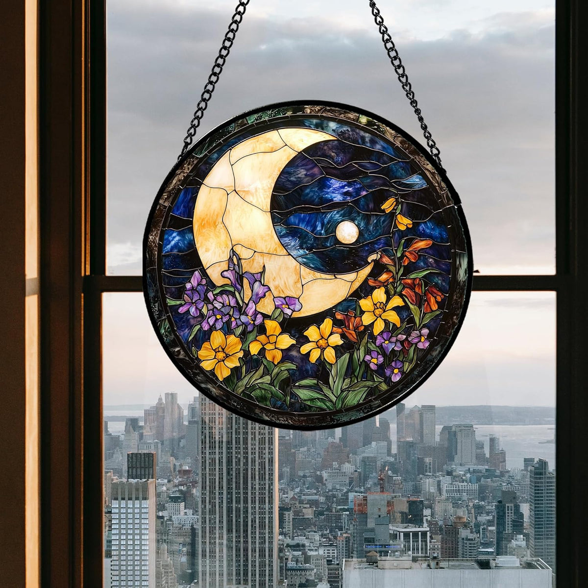 Stained Glass Window Hanging - Blue Night Sky Moon Suncatcher for Door Terrace Garden Home Decor