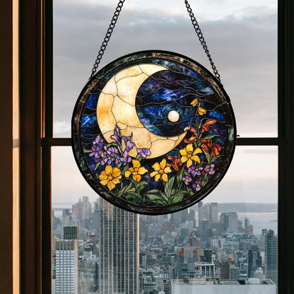 Stained Glass Window Hanging - Blue Night Sky Moon Suncatcher for Door Terrace Garden Home Decor