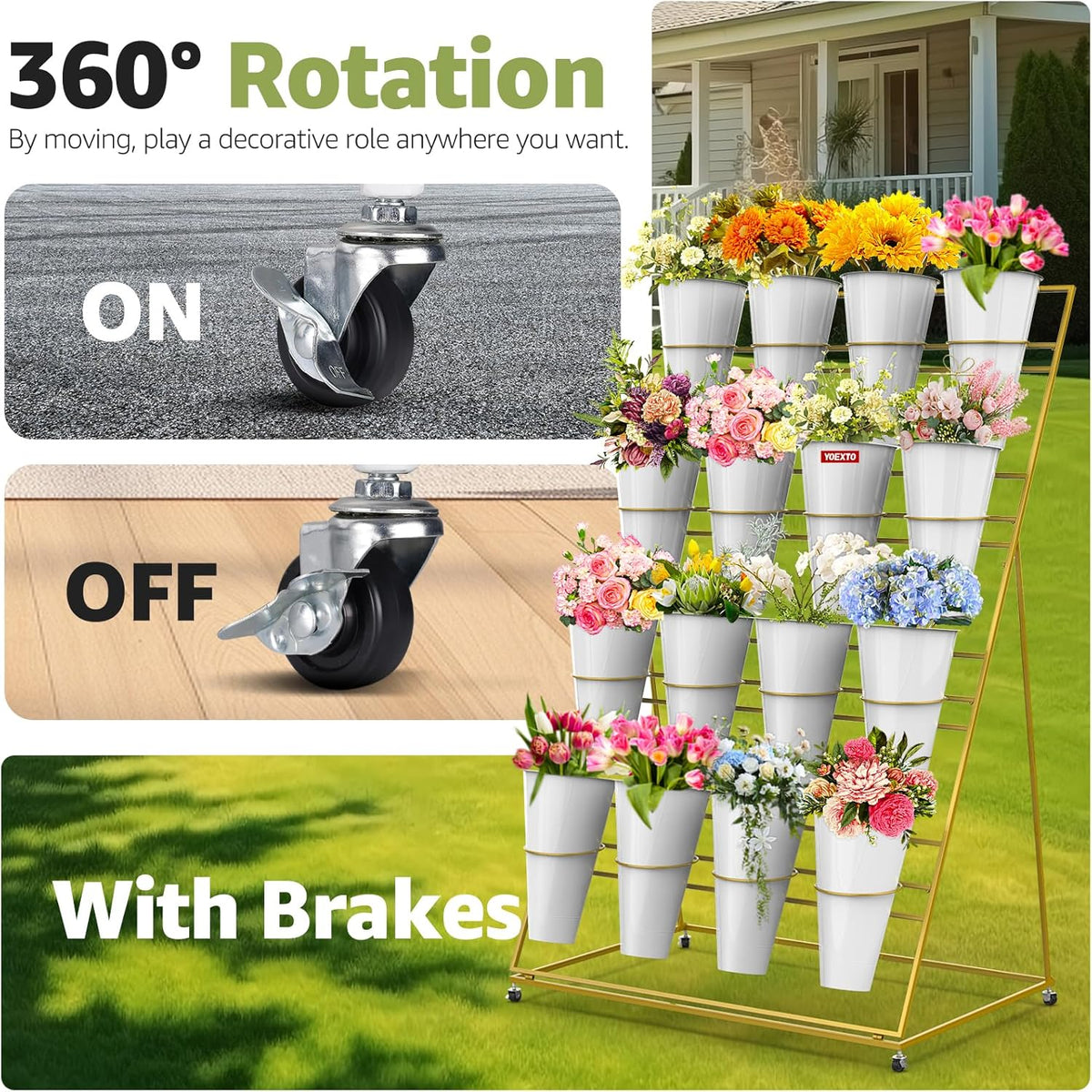 Flower Display Stand 4 Layers with 16 PCS Round Buckets, Plant Stand with Wheels, Movable Metal
