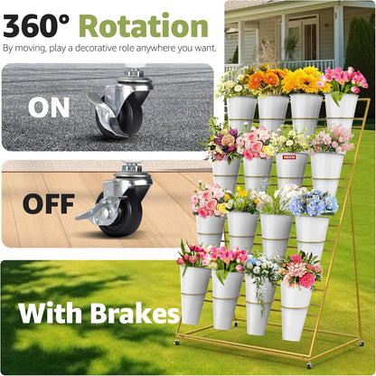 Flower Display Stand 4 Layers with 16 PCS Round Buckets, Plant Stand with Wheels, Movable Metal