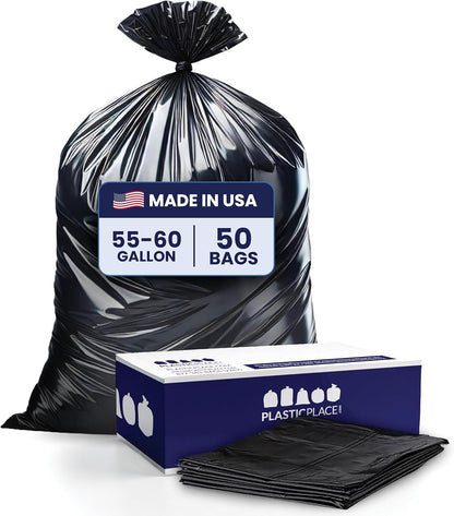 Plasticplace 55-60 Gallon Trash Bags │ 1.2 Mil │ Black Heavy Duty Garbage Can Liners │ 38” x 58”